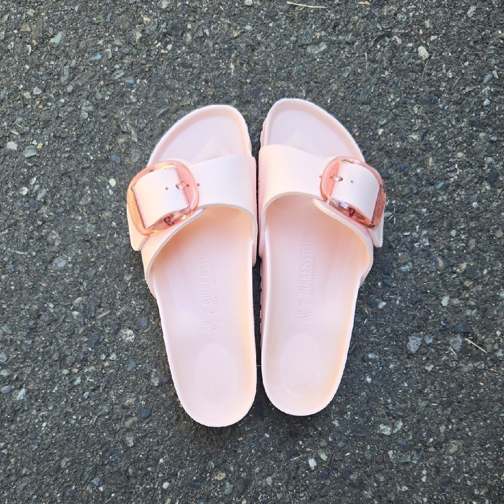 Birkenstock Madrid Pink Slide Sandals with Rose Gold Buckles New Size US 8-8.5